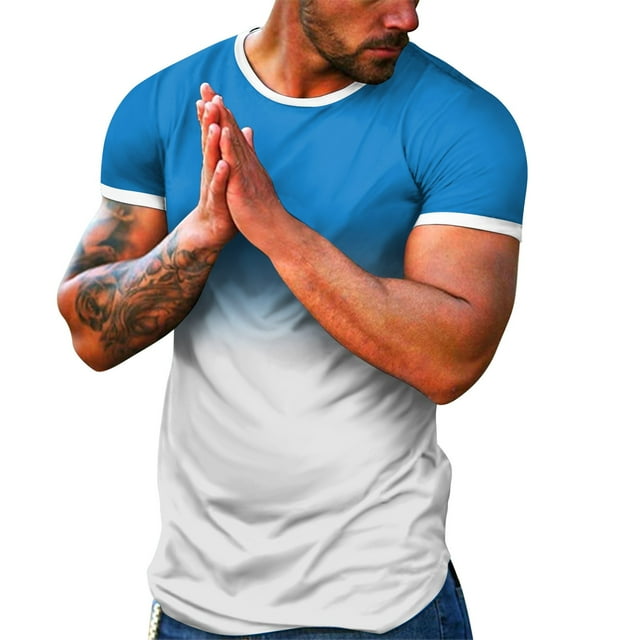BOBOGOJP T-Shirts à Manches Courtes pour Hommes T-Shirts Décontractés à Rayures Col Rond T-Shirt Basique à Rayures (Bleu Clair,G)