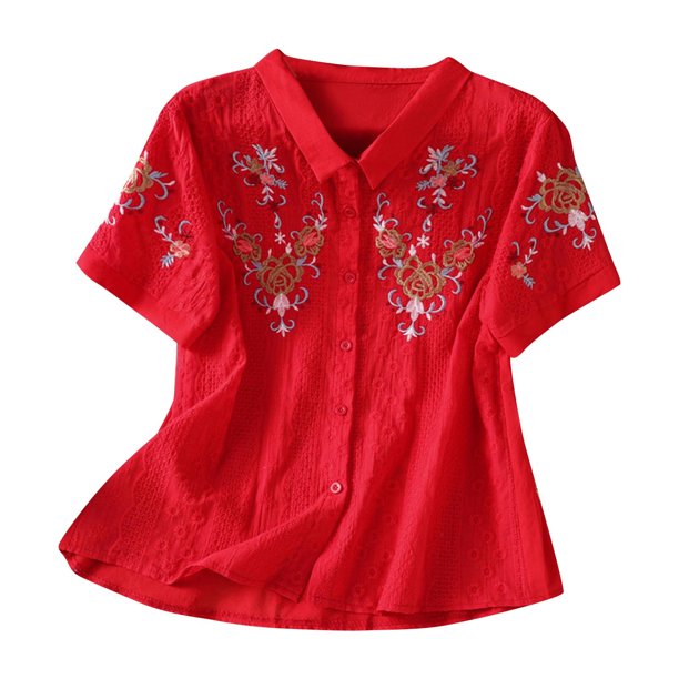Vestidos Casuales Para Mujer, Blusas De Mujer De Moda Blusa de moda con cuello vuelto y manga corta con botones bordados de lino sintético para mujer