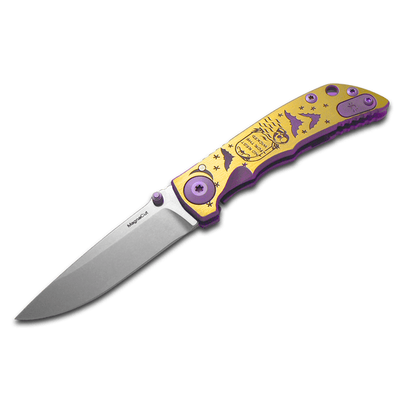 SPARTAN BLADES Harsey Folder 3.25 Frame Lock 'No Rest' Purple & Gold Titanium & CPM MagnaCut Stainless Pocket Knife