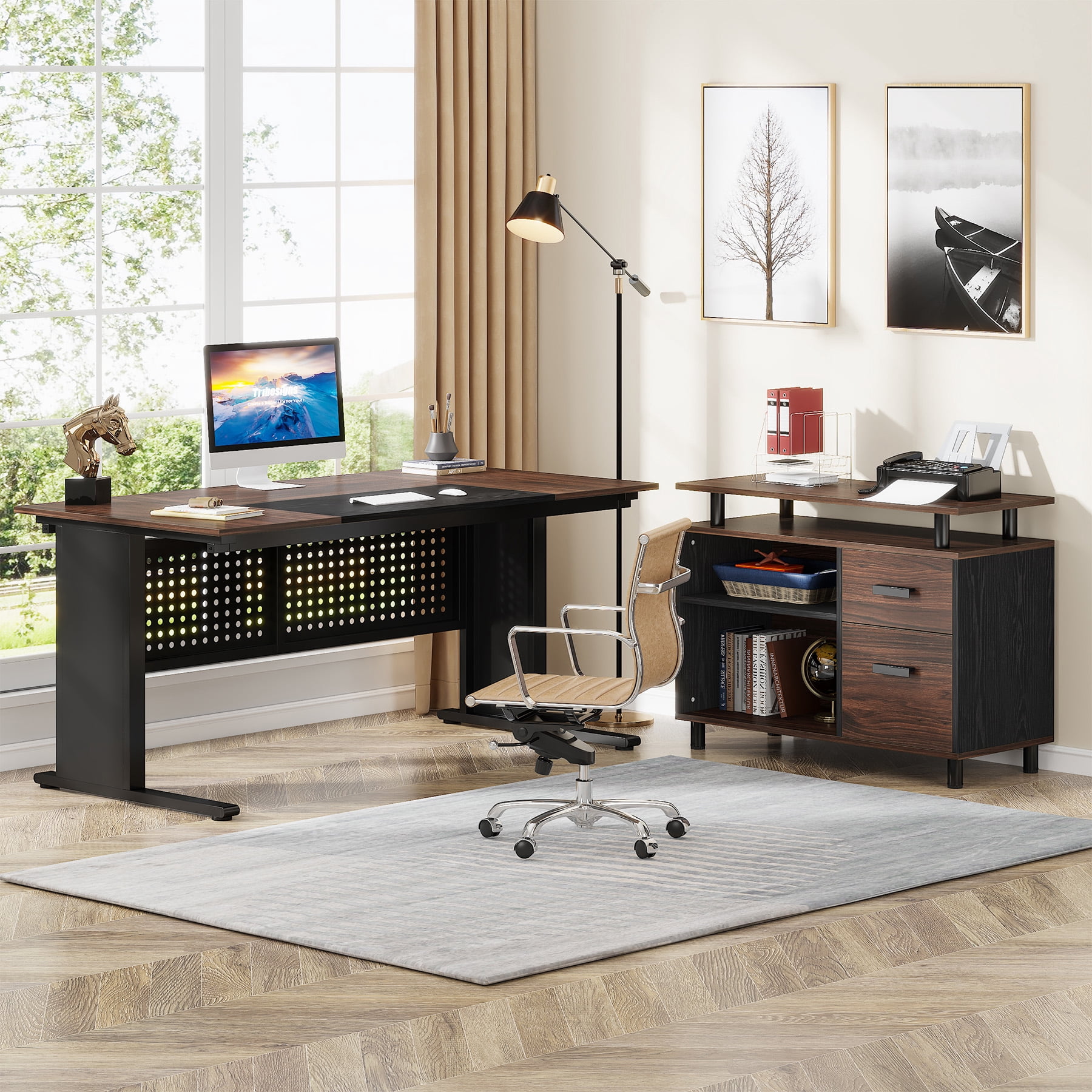 63 Inch Executive Desk with File Cabinet, Large L Shaped Office Desk, Dark Walnut and Black