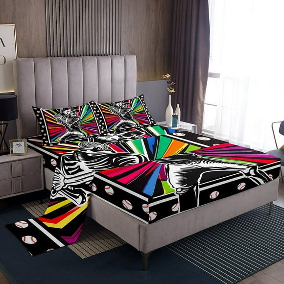 Erosebridal Sports Baseball Player Sheet Set Twin, Rainbow Striped Bedding Sets Twin Size, Cartoon Theme Decor 3pcs