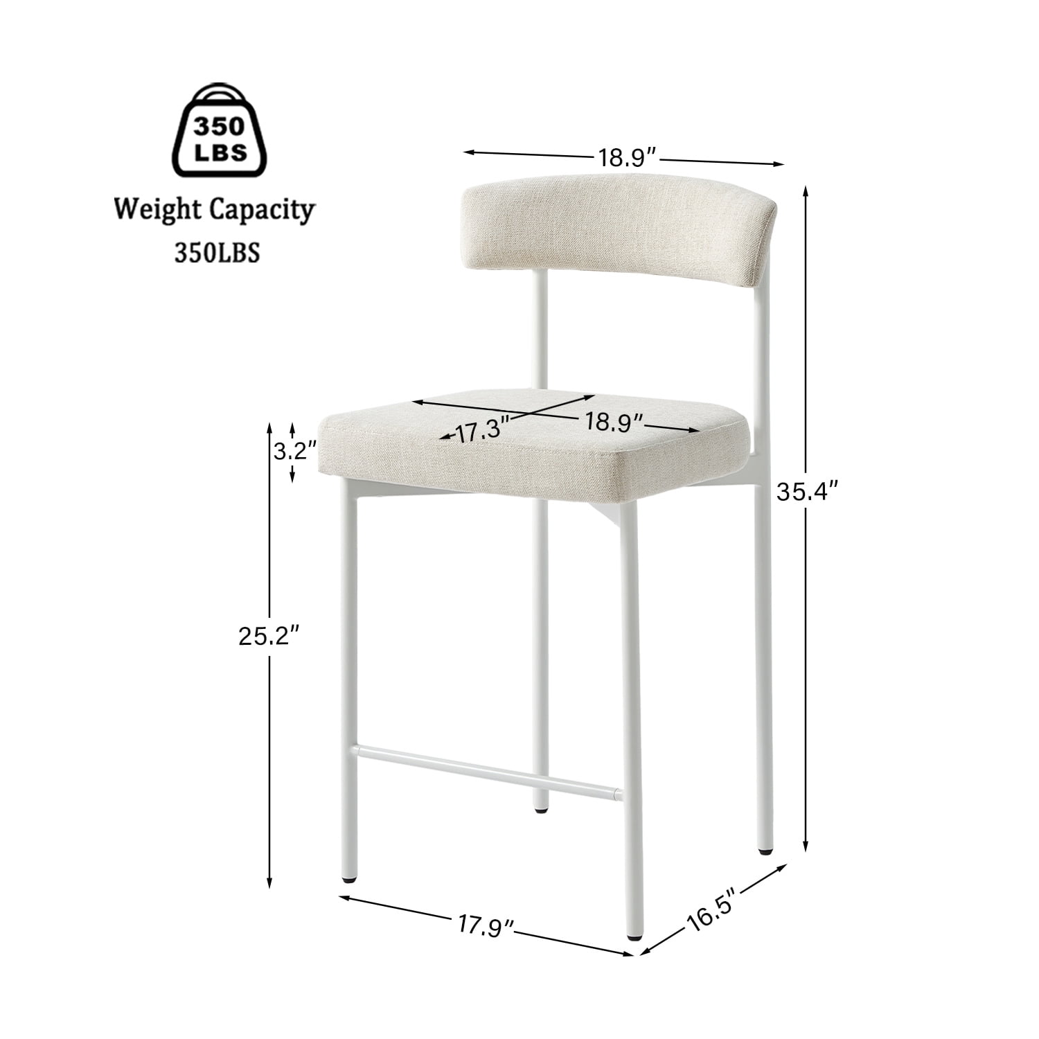 Beige Modern Bar Stools Set of 2, 24 Inch Counter Stools with Curved Backrest, Counter Height Bar Stools for Kitchen Island