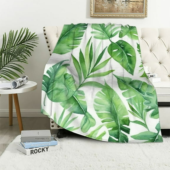 ONETECH  Tropical Palm Leaf Blanket Green Giant Leaves Throw Blankets for Sofa or Bed