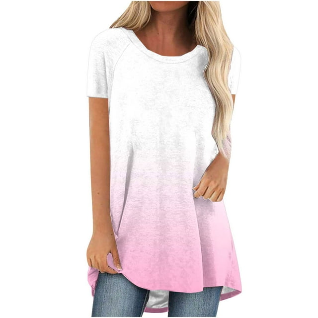 UNITWRY Summer Tops For Women Short Sleeve Flowy Long Shirts Solid Color Crew Neck Long Tunics Or Tops To Wear With Leggings
