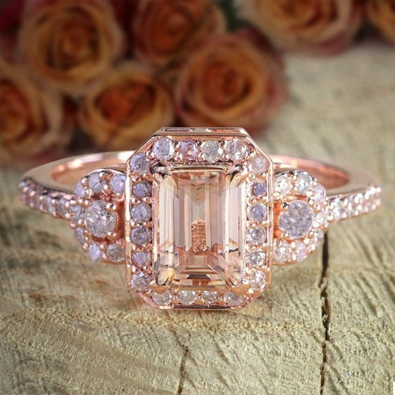 Limited Time Sale 2 Carat Morganite (7x5mm Emerald Cut Morganite) Diamond Moissanite Engagement Ring with 18k Gold Plating