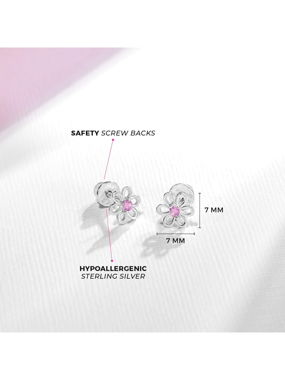 925 Sterling Silver 7mm Pink Cubic Zirconia Flower Screw Back Girls Earrings