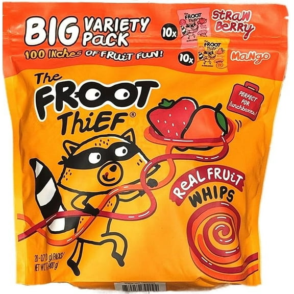 Froot Thief Real Fruit Whips Vegan Big Variety Pack Gluten Free 10 Bags of Strawberry 10 Bags of Mango No Preservatives (Total 20 Bags)