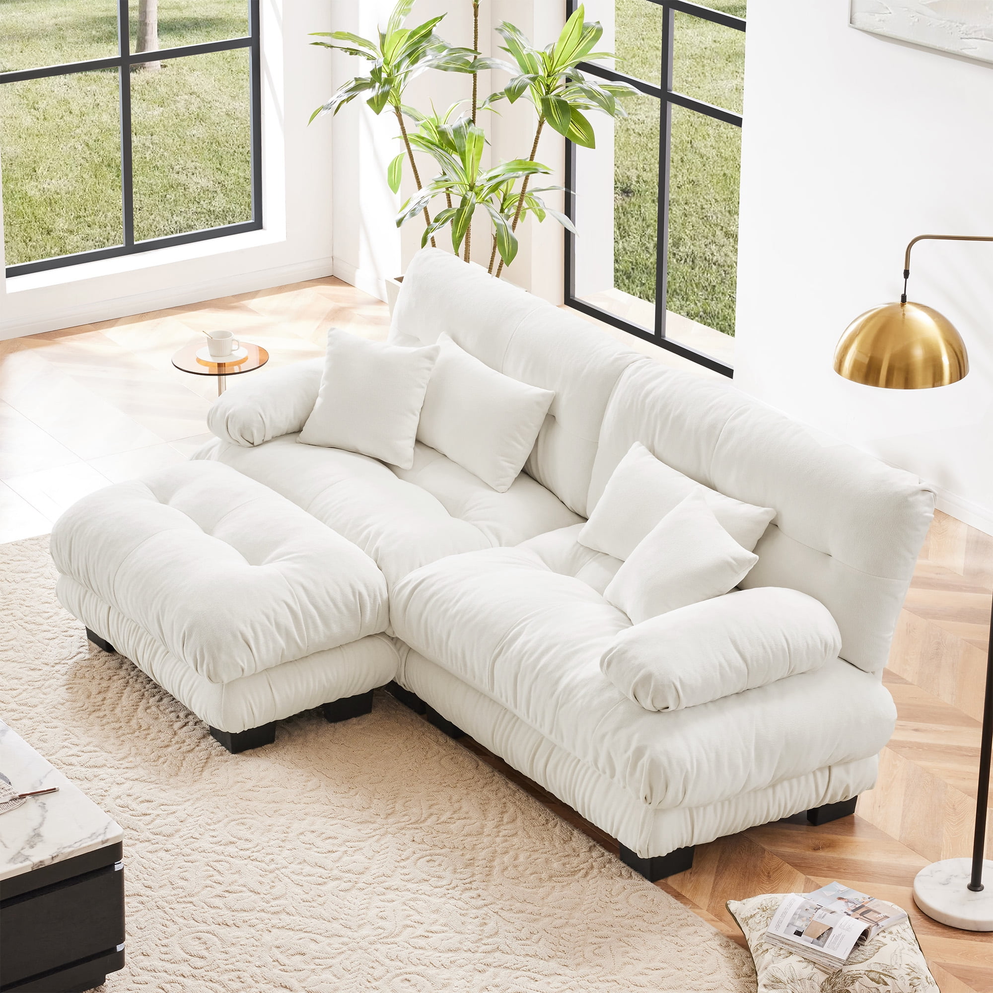 Gewnee White Chenille Cloud Couch 2 Seater Sofa for Living Room, Chenille 2 - Seat sofa with 2 Lumbar pillows and 2 throw pillows,