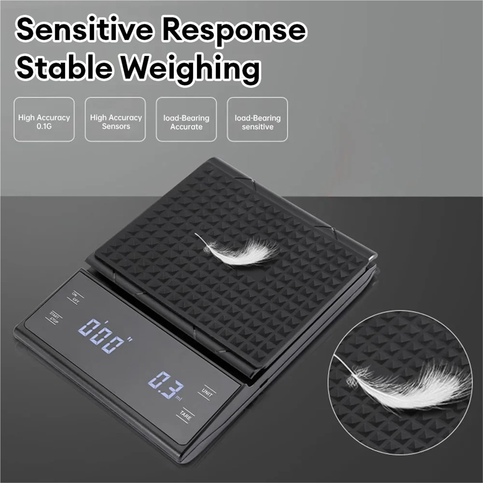 Digital Rechargable Coffee Scale with Timer LED Screen Espresso USB 3kg Max.Weighing 0.1g High Precision Measures Kitchen Scale