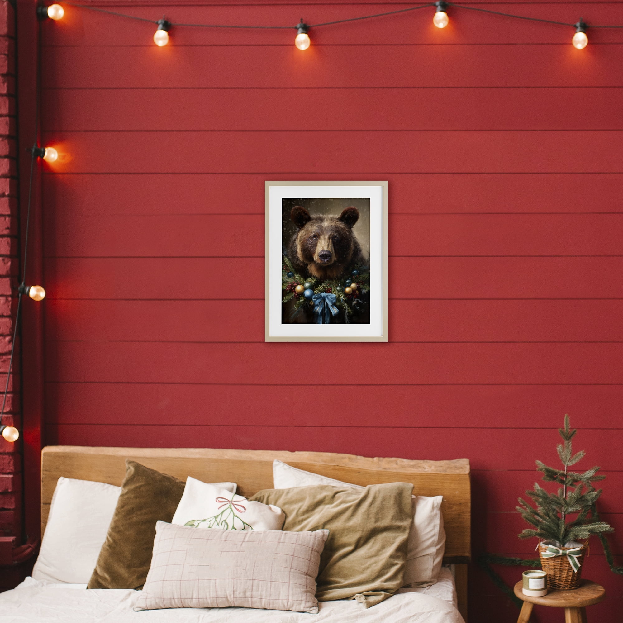 Stupell Industries Christmas Grizzly with Wreath Birch Framed Print Under Glass, design by Tina LeCour