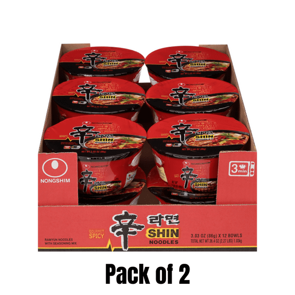Nongshim Noodles Gourmet Spicy Shin Flavor, 12 x 3.03 oz Pack of 2 (24 Bowls Total)