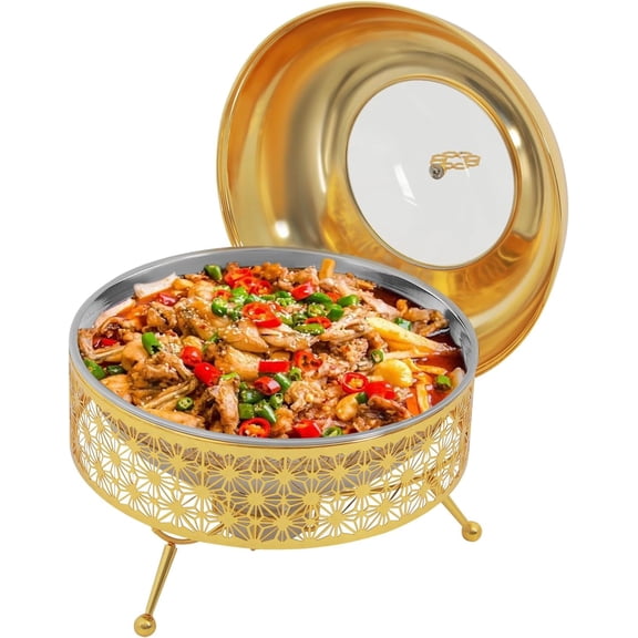 Chafing Dish Buffet 8QT Round Chafing Dish Buffet Set Gold Food Warmer Server with Lid Stainless Steel Countertop Chafer for Catering Banquets Events Weddings Parties Dinners