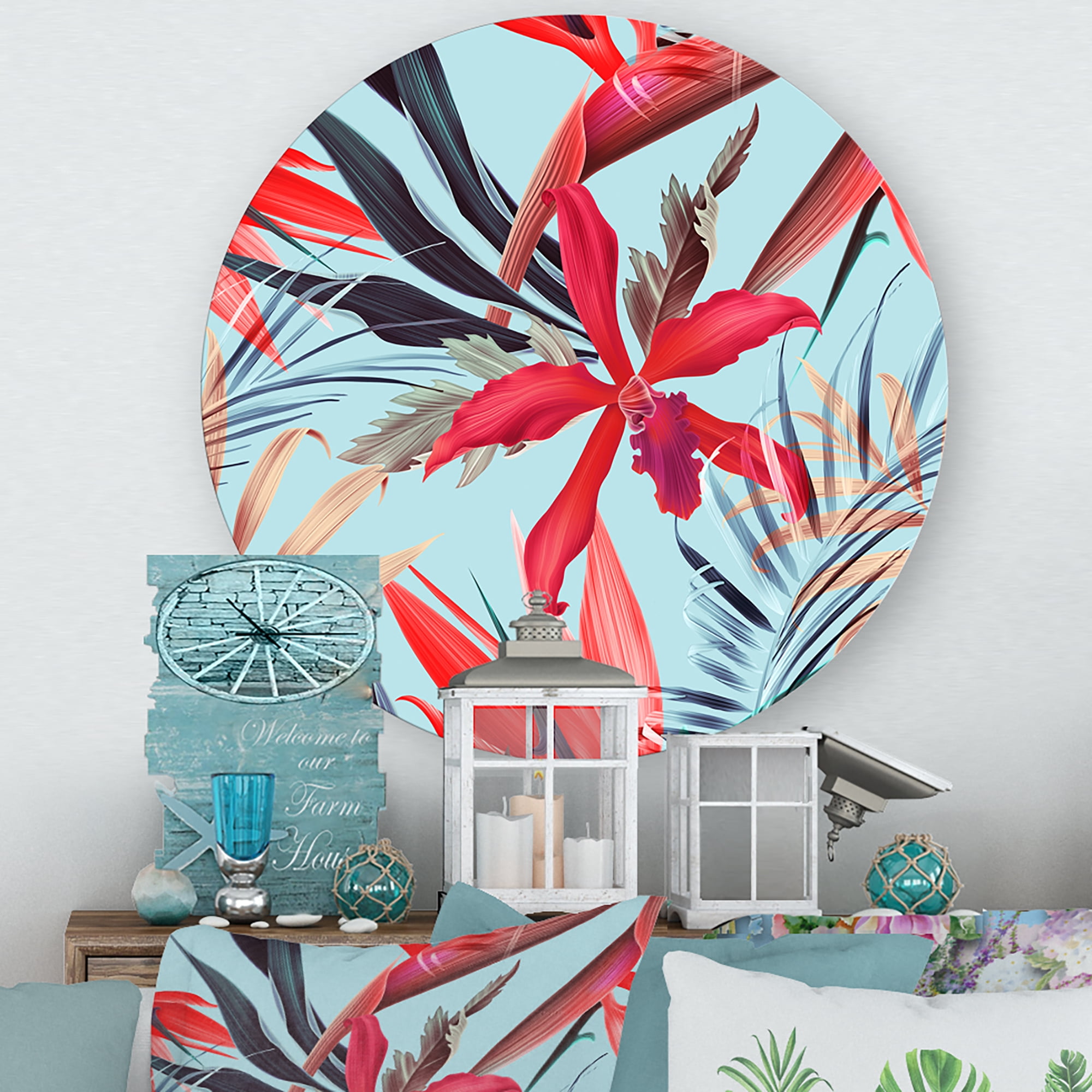 Designart 'VIntage Tropical Flowers IV' Traditional Circle Metal Wall Art 11x11 - Disc of 11