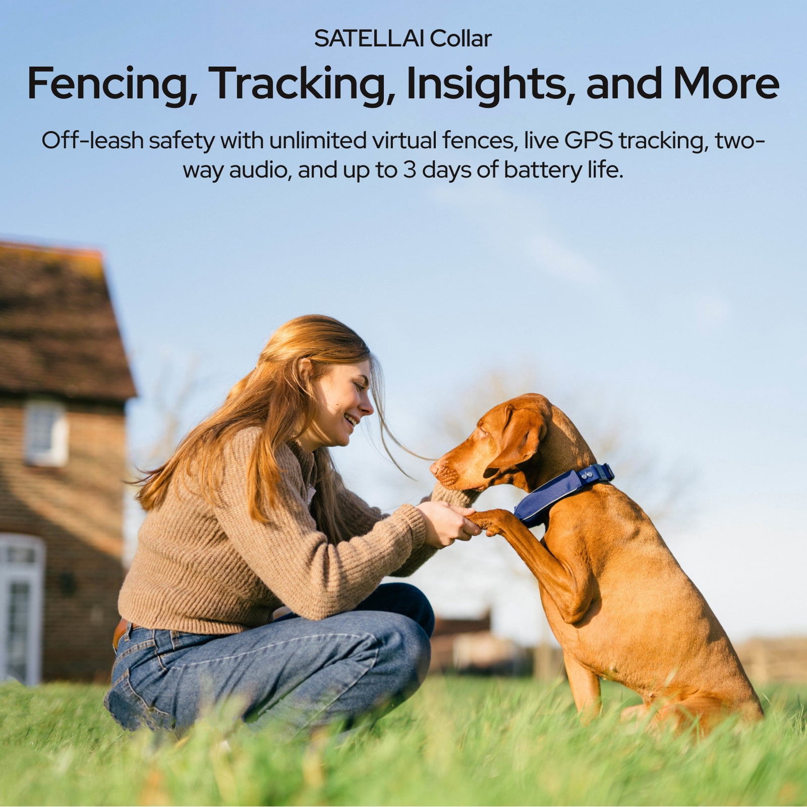 SATELLAI Wireless Dog Fence & GPS Dog Collar with AI Health Insights, Two-Way Audio, Precise Tracking, 3-Day Battery Life, IP68 Waterproof, Blue