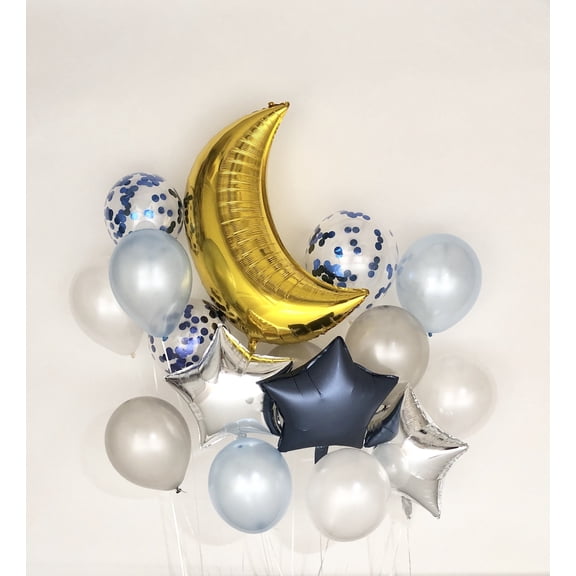 Sweet Moon 16 Piece Moon and Star Balloons Bouquet - Baby Shower, Birthday, Gender Reveal, Eid, and Ramadan Party Decoration (Blue)