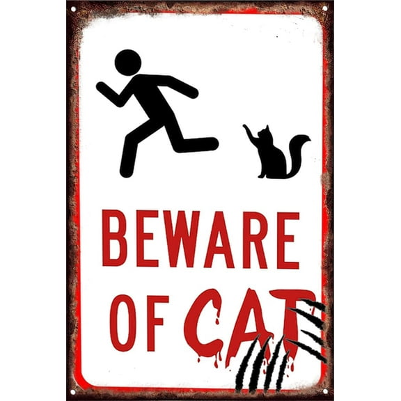 5.5x8 Inch Beware Of Cat Sign Tin Sign With Safety Warning Vintage Metal Tin Signs For Cafes Bars Pubs Shop Wall Decor Funny Retro Signs For Men Women Gift For Friends Colleagues