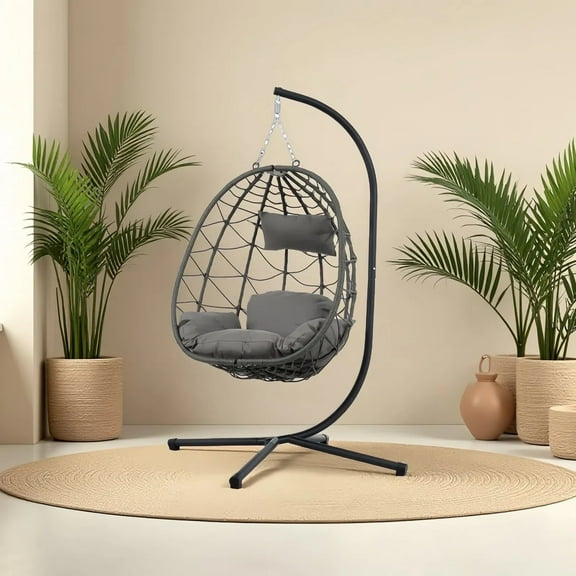 Morniray Wicker Egg Hanging Chair with Stand and Cushion, Gray