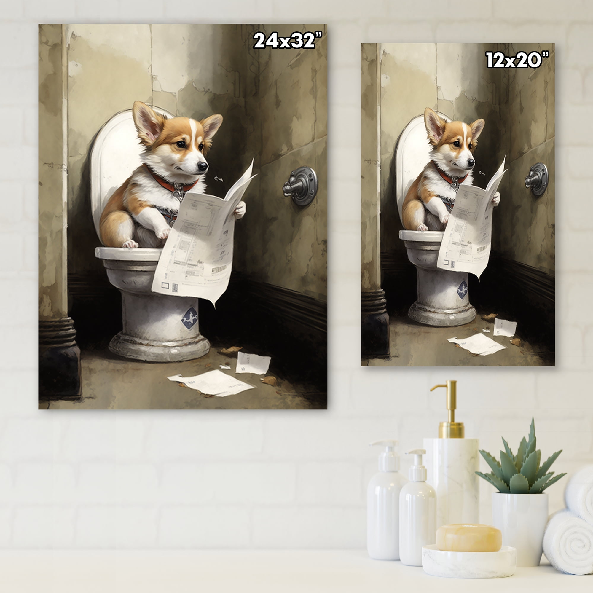 Designart Silly Corgi Reading News On Toilet Canvas Wall Art