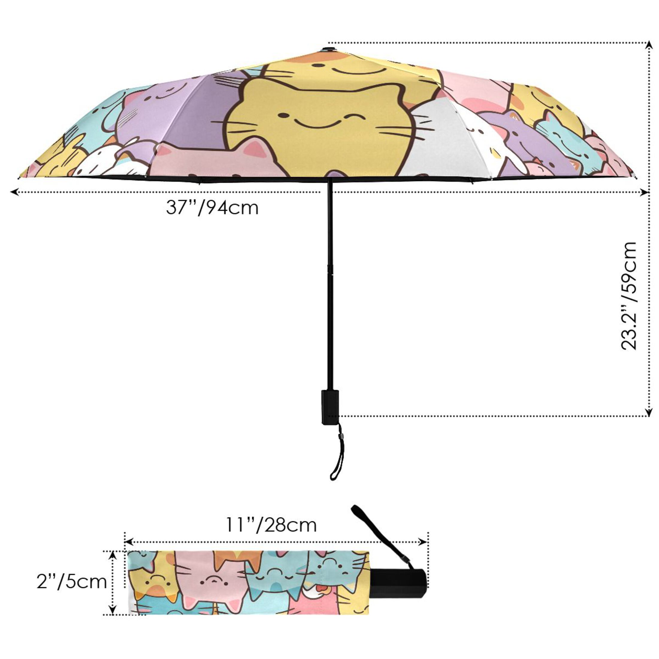 Cute Cartoon Cat Faces All Weather Umbrella Triple Folding Parasol 6 Ribs UV Protection Portable