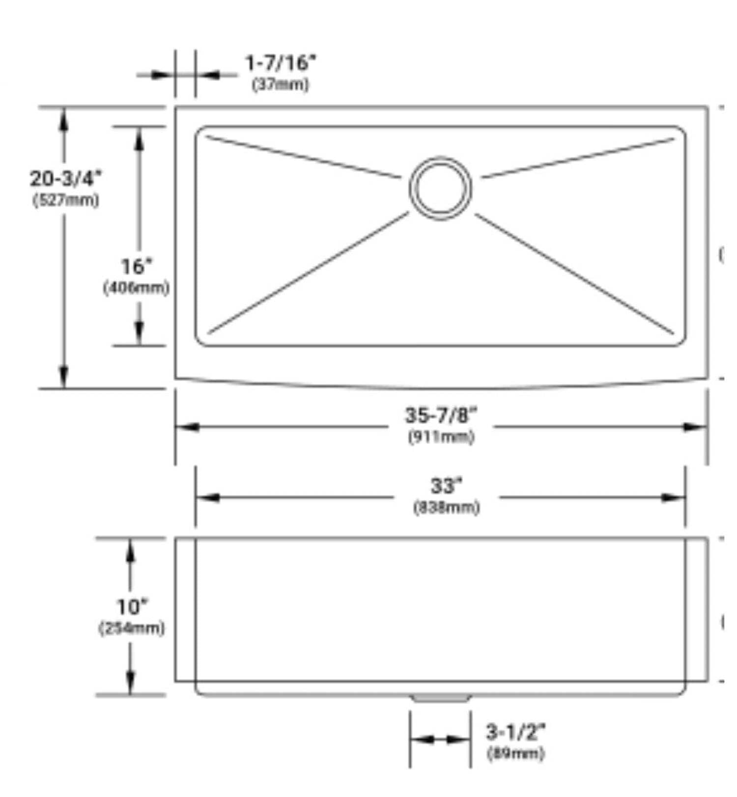 Miseno MSS3620F Stainless Steel Farmhouse Kitchen Sink with Apron Front 33'' L x 21'' W