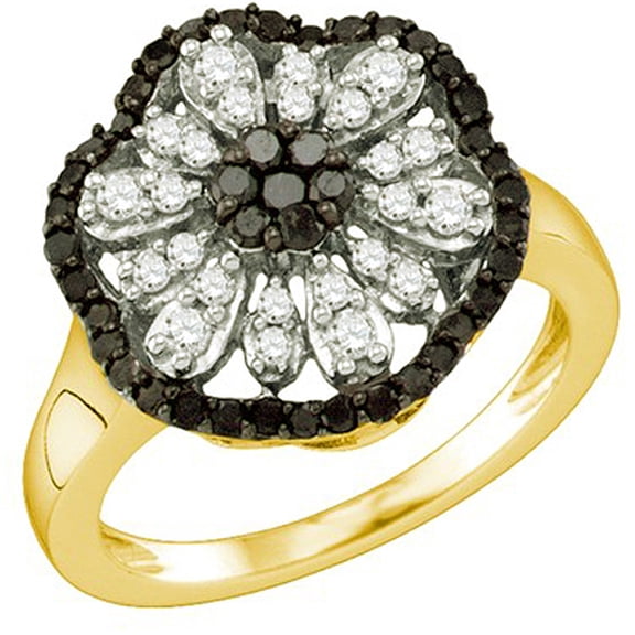 Dazzlingrock Collection 0.72 Carat (ctw) 10k Round Black & White Diamond Ladies Right Hand Cluster Flower Ring, Yellow Gold