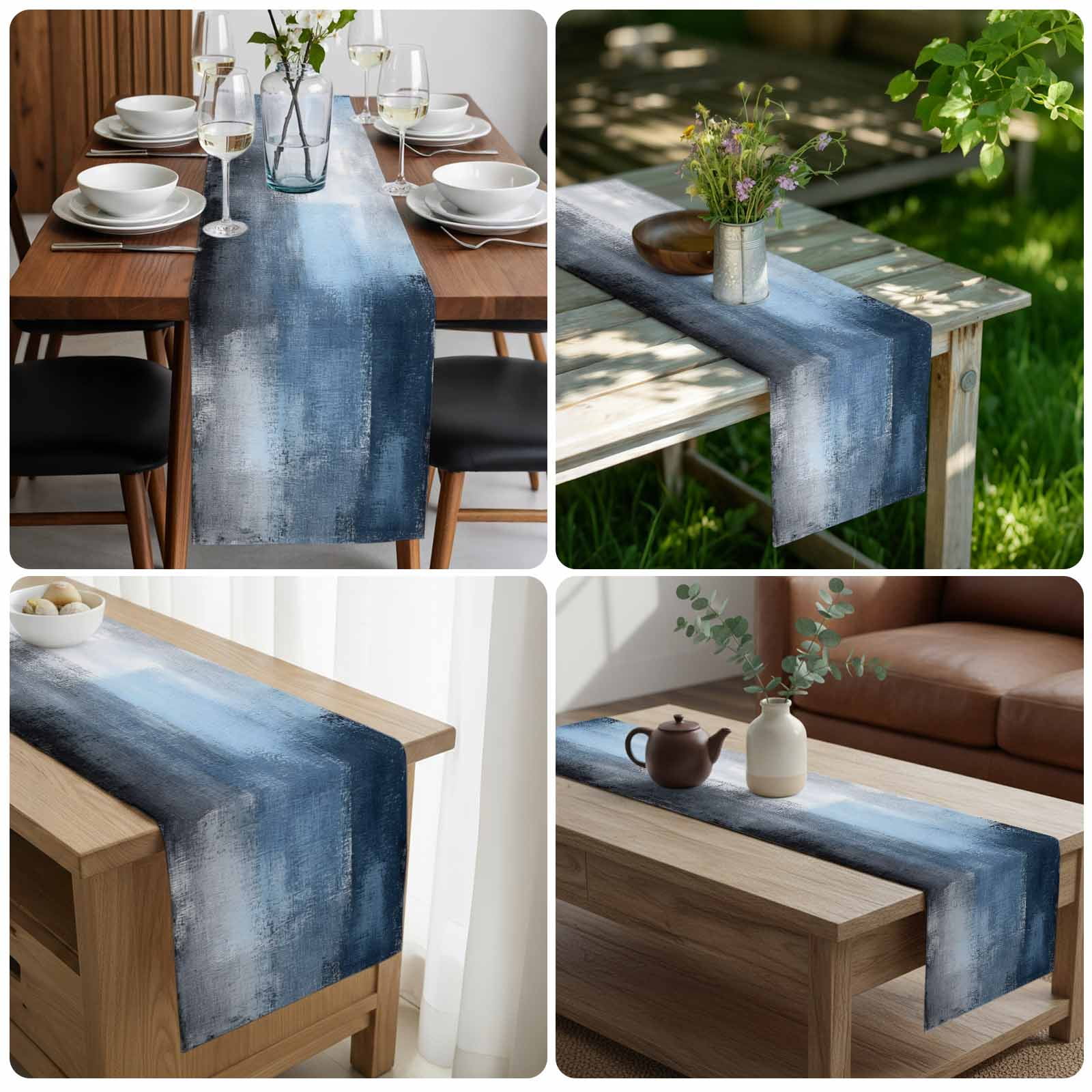 Blue Grey Table Runner, Modern Oil Painted Art Abstract Geometric Washable Cotton Linen Table Runners 90 Inches Long, Dresser Scarf Runner for Dining/Coffee/Kitchen/Hallway Tables 13''x90''