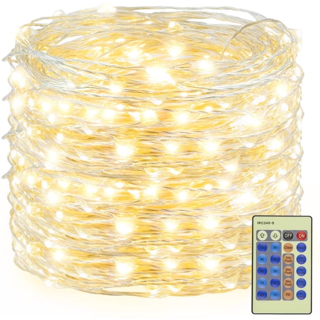 300 LED Fairy String Lights Warm White Christmas Lights Remote Control, 99ft Silver Wire Firefly Lights Starry Light for DIY Christmas Tree Costume Wedding Party Table Centerpiece Decor