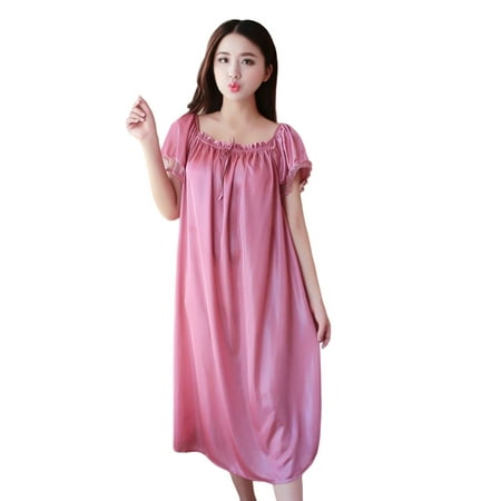 

Huasheng Women Pajamas Solid Color Short Sleeves Lace Patchwork Loose Type Lightweight Women Sleeping Dress for Adult