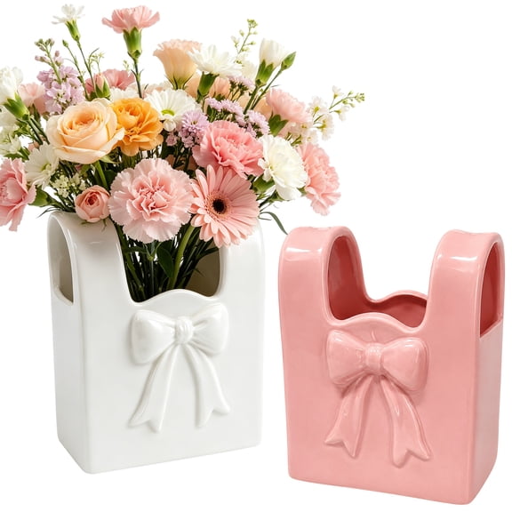 2 Pcs Ceramic Purse Vase Set, 5.5 x 4.3 in Handbag Vase with 3D Bowknot Design, Decorative Ceramic Vases for Home Decor, Pink and White Bow Accent for Office Desktop Bookshelf Wedding Gift