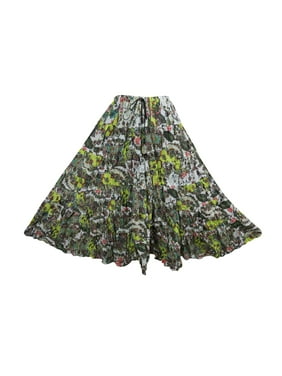 Mogul Womens Full Flared Skirt Floral Print Green Hippie Boho Beach Fashion Skirts
