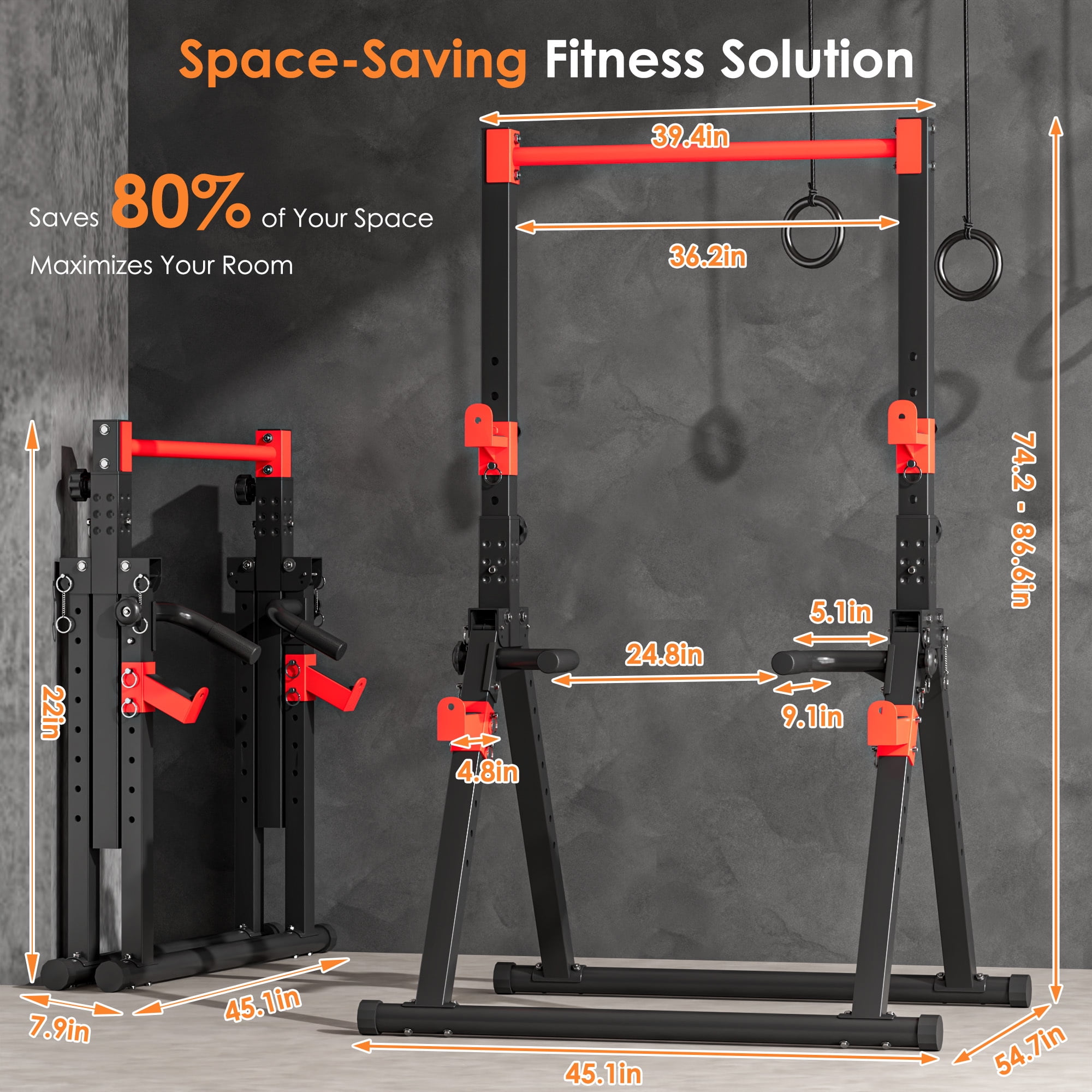 Multifunction Foldable Triangular Structure Pull Up Station , Free Standing Power Tower Pull Up Bar Dip Station Adjustable Height Strength Training Workout Equipment, Support 500lbs, Black + Red