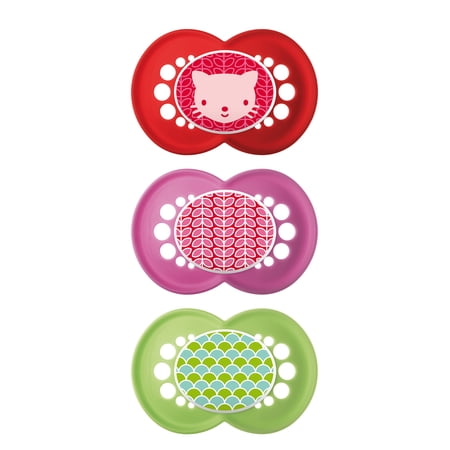 MAM Pacifiers, Baby Pacifier 6+ Months, Best Pacifier for Breastfed Babies, ‘Trends' Design Collection, Girl, 3-Count