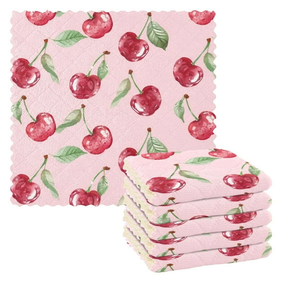 6 Pieces of Kitchen Towels 11x11Inch Kitchen Dish Cloths Kitchen Dish Towels Reuseable Cleaning Cloths Pink Cherry