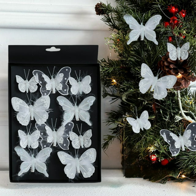 Adornos Navideños de Mariposas Coloridas con Clip | Colgantes de Mariposas Artificiales con Purpurina Hueca | Paquete de 10 Adornos Navideños Ligeros para Árboles, Repisas y Exhibiciones Festivas