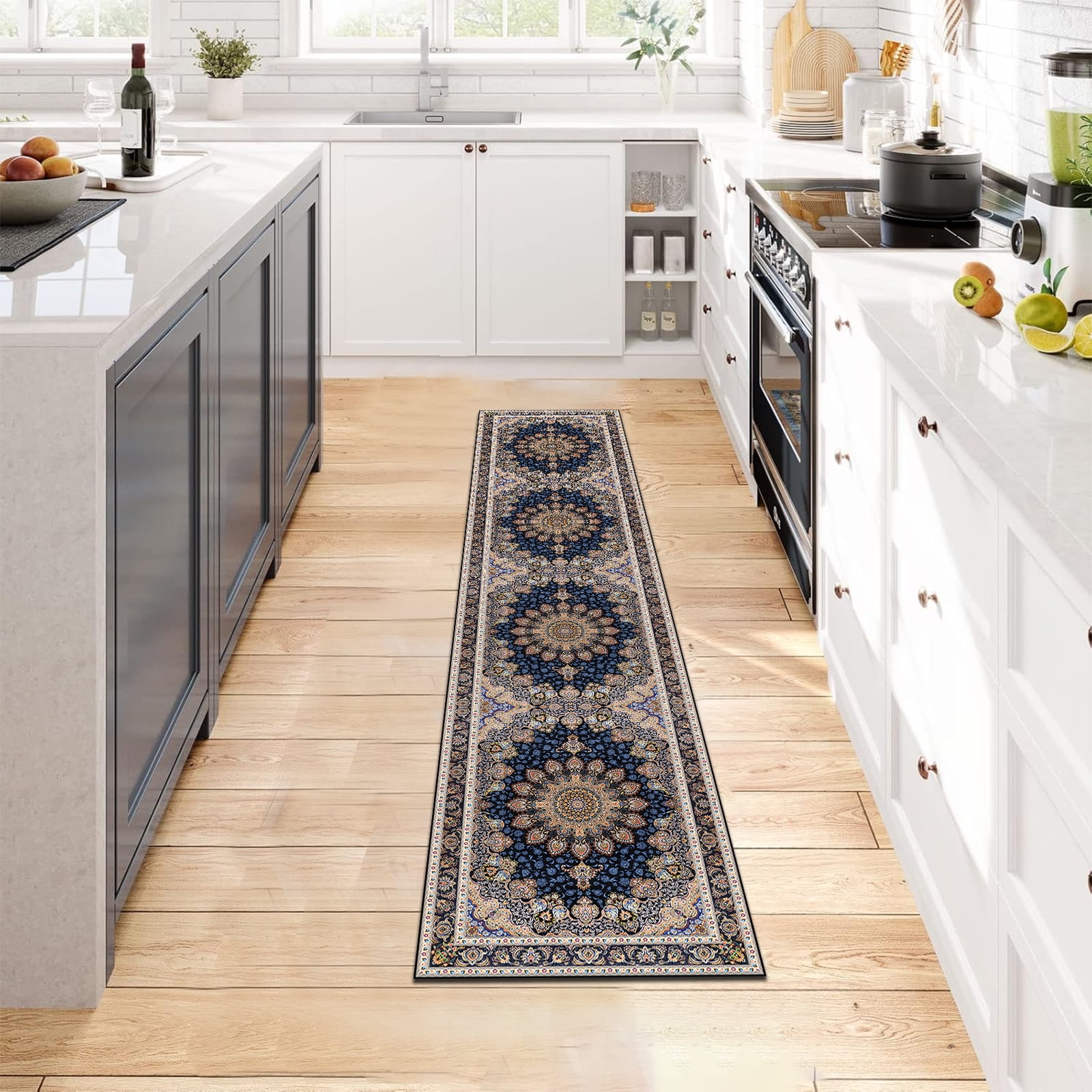 Mitzzllc Runner Rug 2'x10'Non Slip Hallway Vintage Rugs,Machine Washable Long Floor Carpet Entryway Area Rugs,Dark Blue and Beige