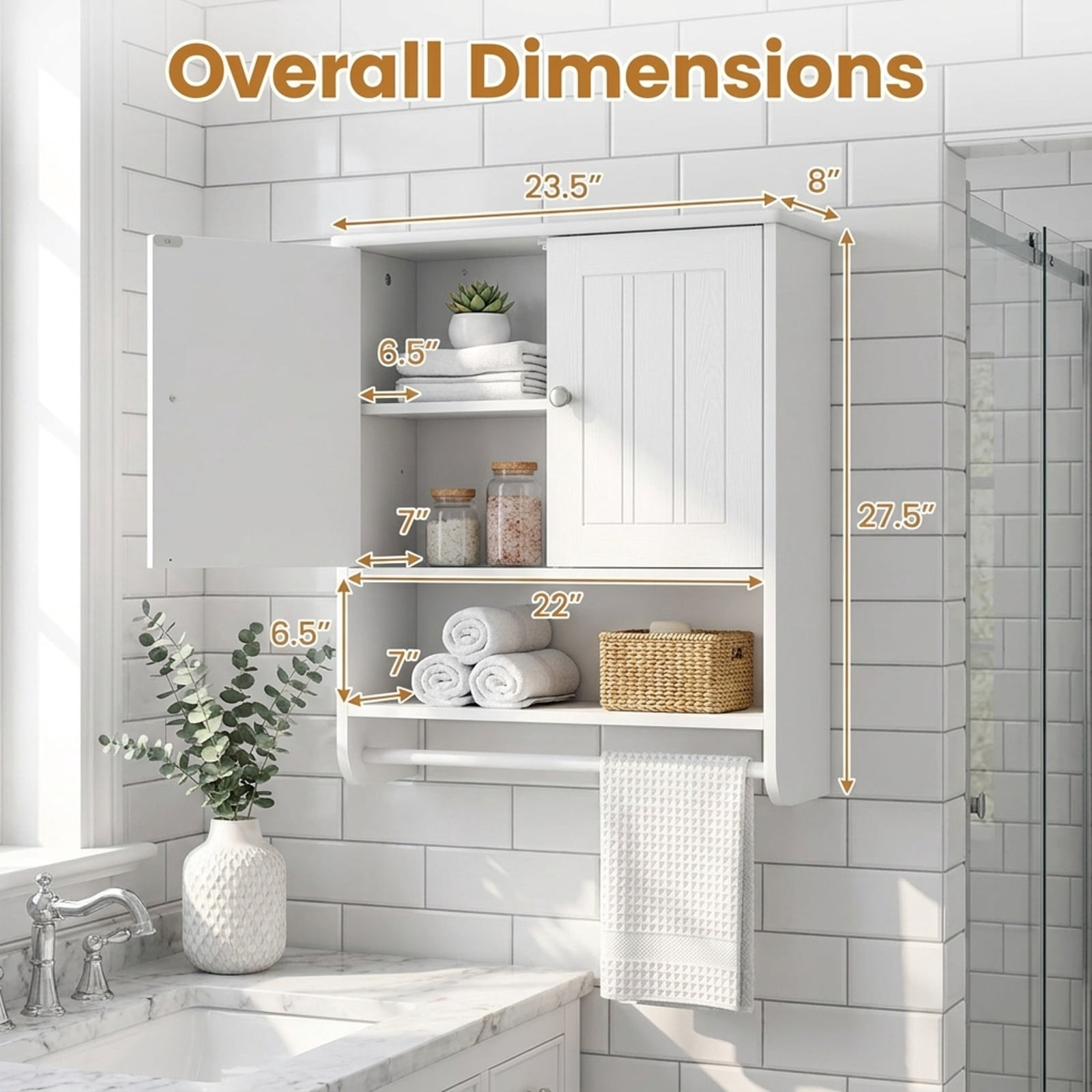 Vebreda Bathroom Towel Rack, Bathroom Wall Cabinet with Towel Bar and Open Shelf, Ample Storage Space, Flexible Storage Options