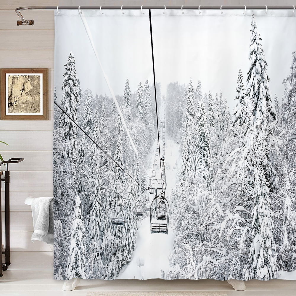 Winter Skiing Shower Curtain, Old Cable Ski Lift in Winter Snow