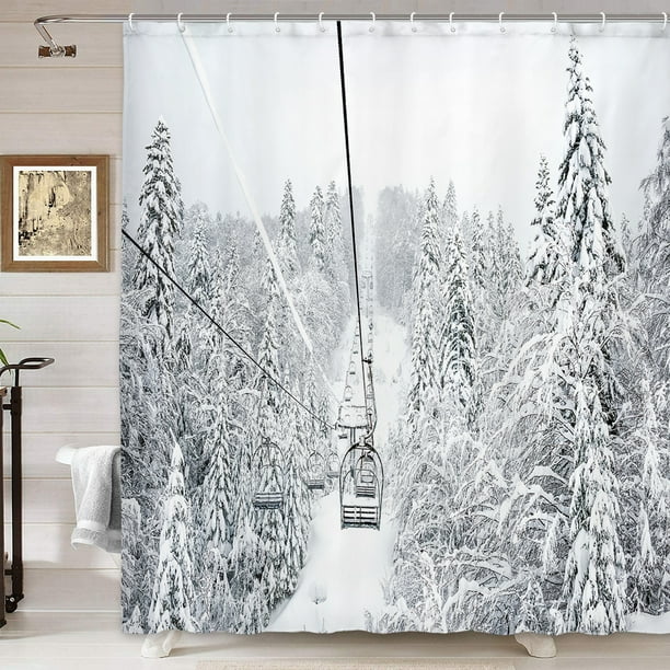 Winter Skiing Shower Curtain, Old Cable Ski Lift in Winter Snow