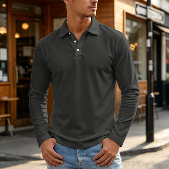 gzxflxpge Men's Polo Shirt Long Sleeve Shirts Casual Streetwear Lapel 3-Button Golf T Shirts Trendy Classic Fit Pure Color Top for Walking Dark Gray S