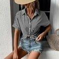 thumbnail image 7 of XFLWAM Women's Short Sleeve Button Down Shirts Striped Office Casual Business Summer Blouses Black XL, 7 of 7