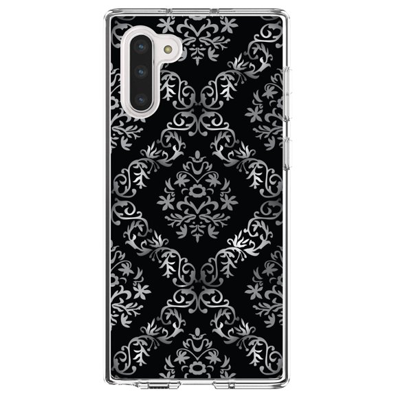 DistinctInk Clear Shockproof Hybrid Case for Samsung Galaxy Note 10 (6.3" Screen) - TPU Bumper, Acrylic Back, Tempered Glass Screen Protector - Black White Silver Grey Damask - Floral Damask Pattern