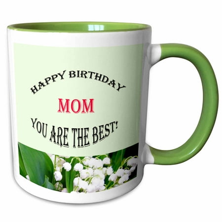 3dRose Happy birthday mom. Flowers. Lily of the Valley. Light green. - Two Tone Green Mug,