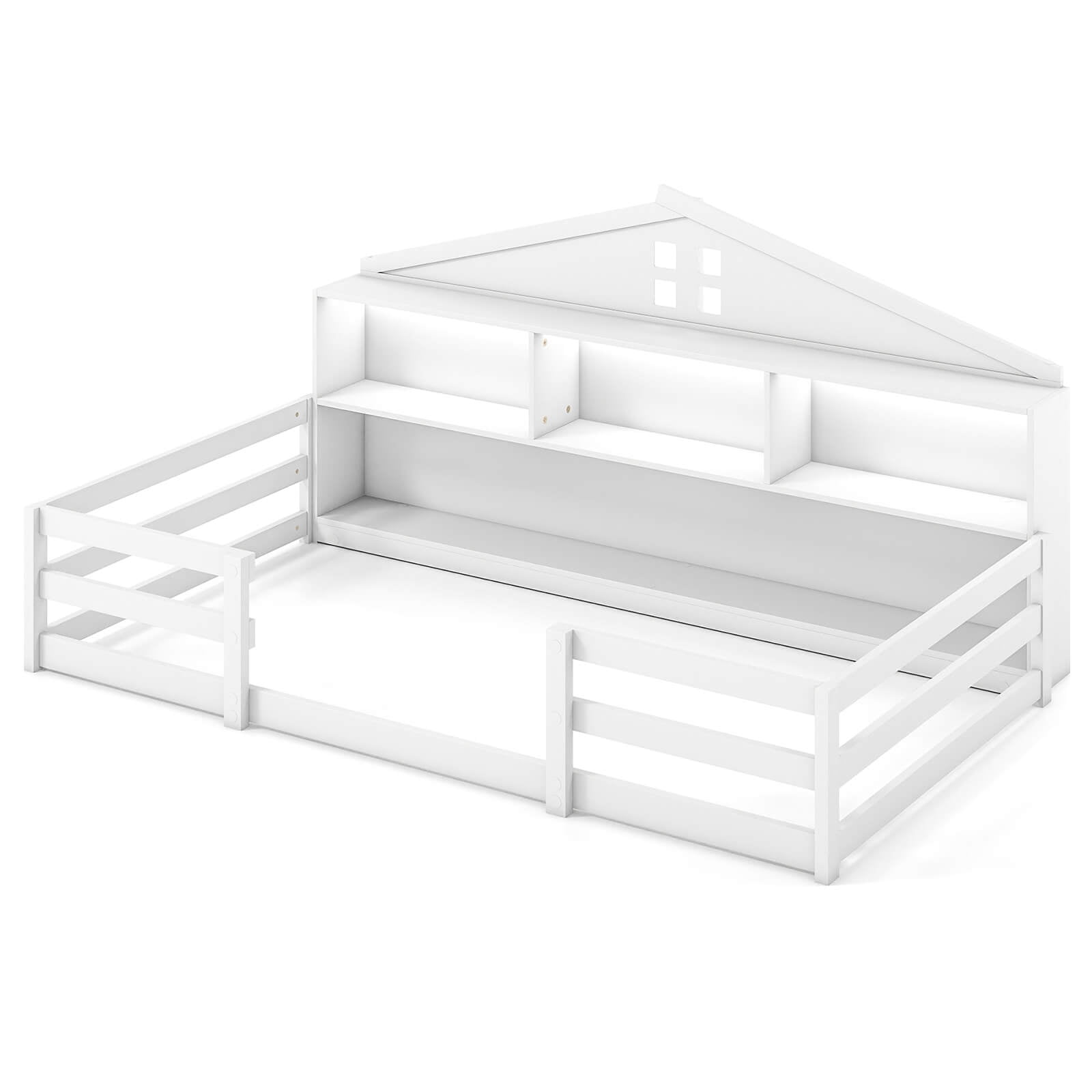 Costway Twin Size Montessori Floor Bed with LED Lights Safety Guardrails Compartments Shelf White
