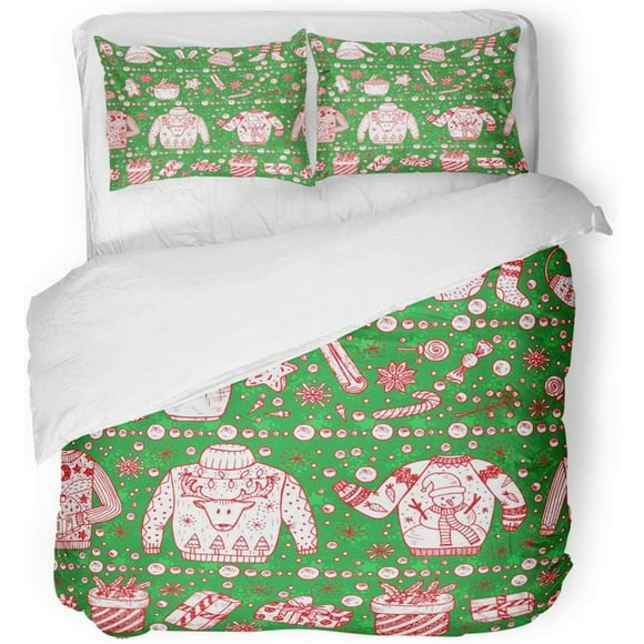 RYLABLUE 3 Piece Bedding Set Christmas Holiday Xmas Ugly Sweater Party Doodle Boxes Sweets Gingerbread Twin Size Duvet Cover with 2 Pillowcase for Home Bedding Room Decoration