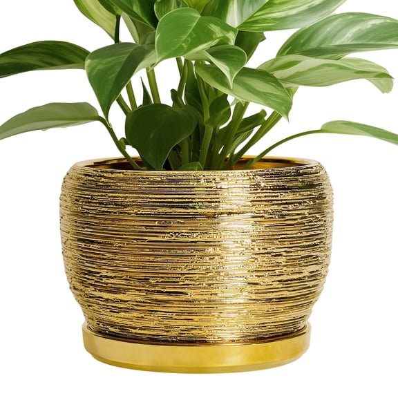 Ceramic Flower Pot - 8 Inch Plant Pot Indoor Outdoor, Round Planter with Drainage Hole and Saucer, Decorative Modern Planter, Home Decor, Plant Lovers Gifts, Gold
