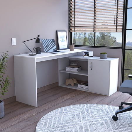 L-shaped Desk With Right Return - White Color 59 Wide Desktop For Office 2 Open Shelves 1 Cabinet Interior Solid Wood + Engineered In Tabletop Single Door Inner
