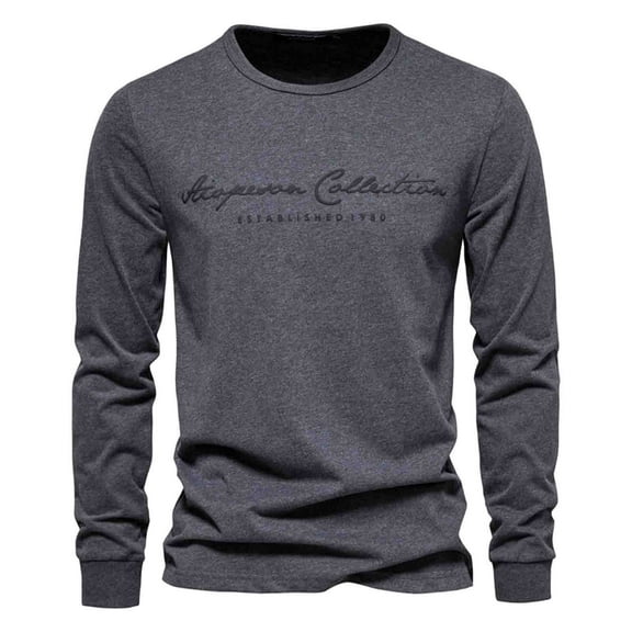 DeHolifer Mens Tops Cotton Crewneck Letter Print Long Sleeve Fall Fashion T-Shirts Tops Dark Gray L