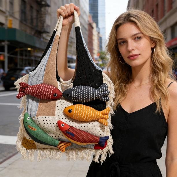 Bolsa de mano con costuras de borlas, diseño tejido en lana, interior espacioso, para llevar al hombro, poliéster ligero, para viaje y uso diario, 36x34x2 cm.