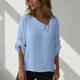 thumbnail image 4 of Olyvenn Women Cotton Linen Tops Causal Summer Shirts Rolled Sleeve Asymmetrical Neck T Shirts Solid Loose Blouses for Daily Sky Blue L, 4 of 9
