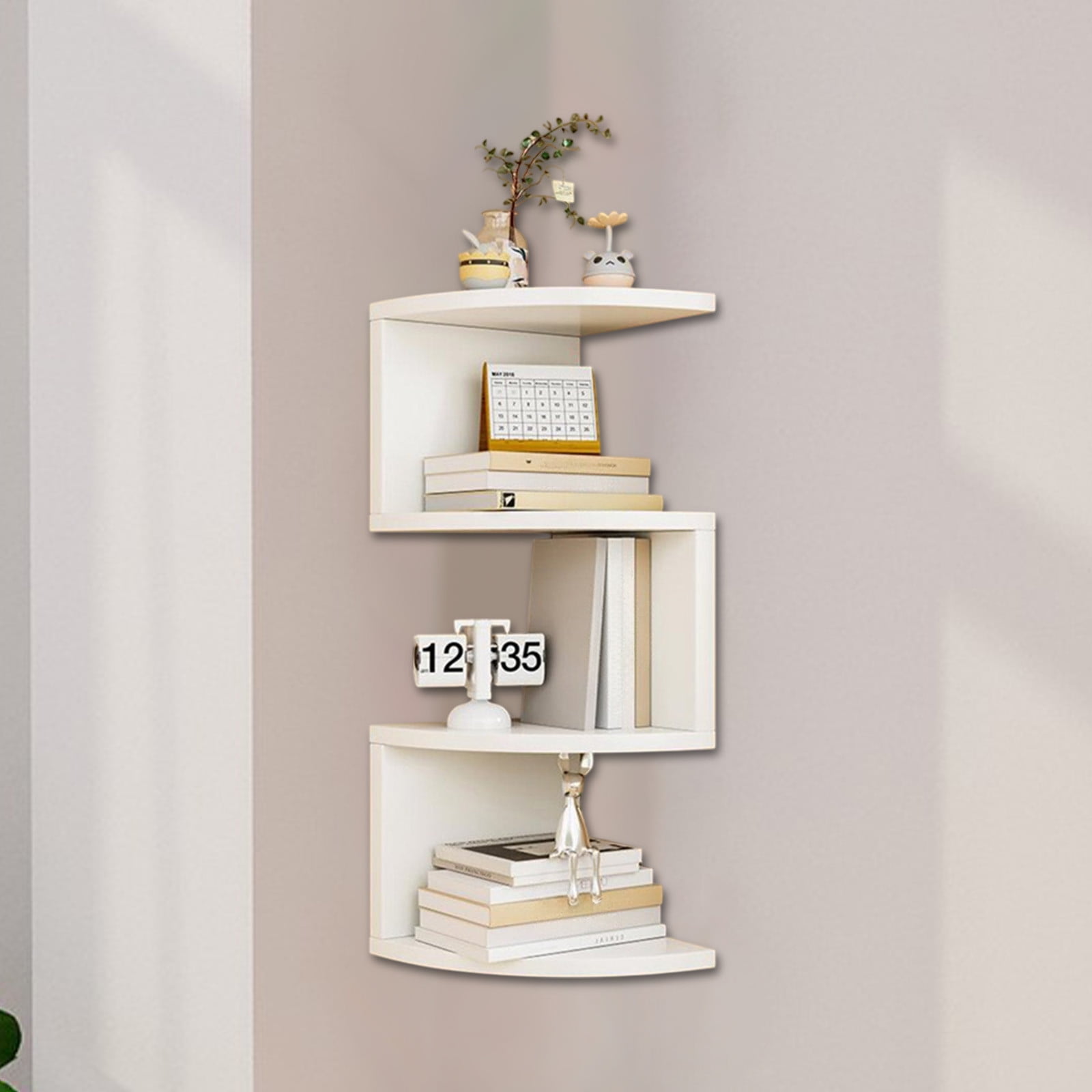 Corner Shelf Wall Mount, 4-Tier Floating Corner Bookshelf with Rounded Edge, Plant Shelf for Bedroom, Living Room, Bathroom, Home Office, White